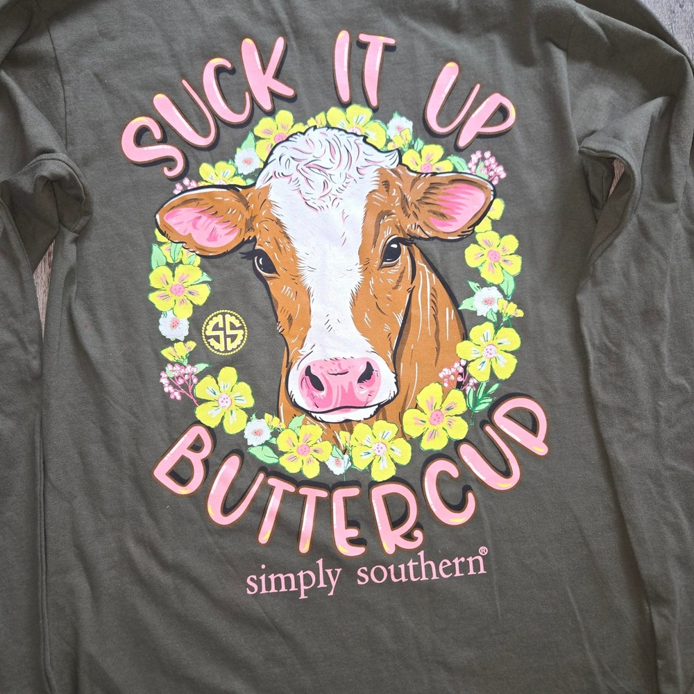 Simply Southern Suck It Up Buttercup Cow Long Sleeve Shirt Olive Green Small